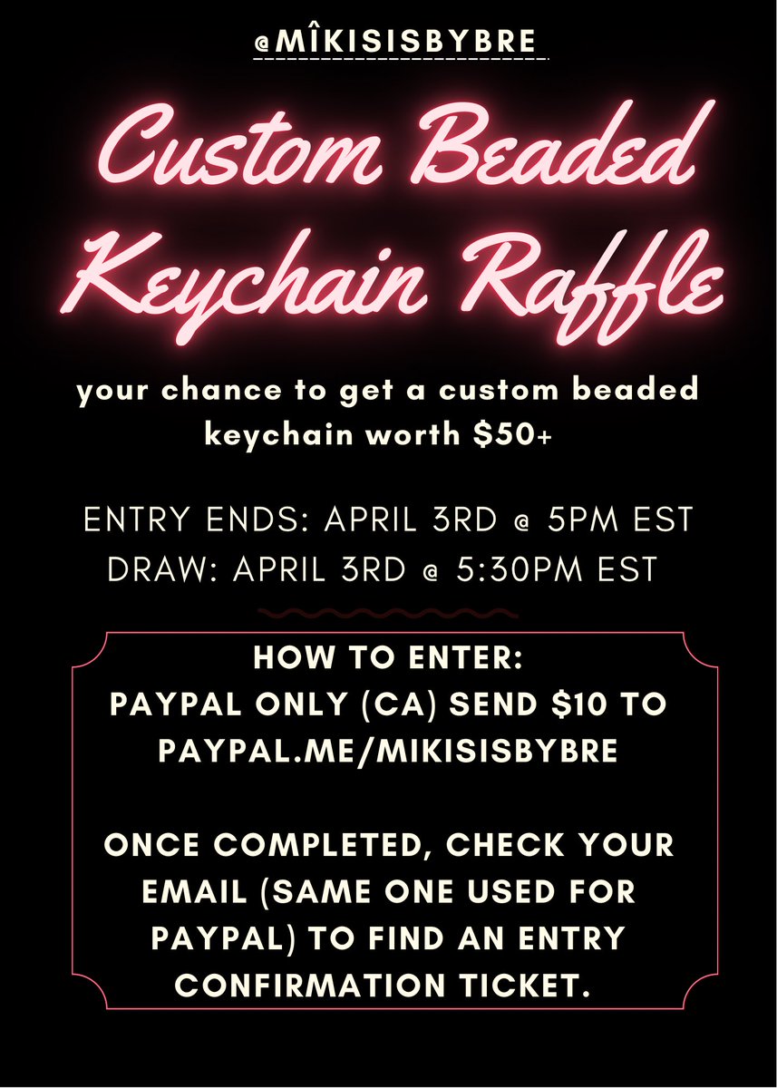 mikisisbybre's tweet photo. ✨Custom Beaded Keychain Raffle���
- Your chance to get a custom beaded keychain worth $50+
- ENTRY ENDS: APRIL 3RD @ 5PM EST
- DRAW: APRIL 3RD @ 5:30PM EST
HOW TO ENTER:
- SEND $10 TO https://t.co/amMBTC8aMC
- ONCE COMPLETED, check your email for entry confirmation 💕 https://t.co/vO7qv4mtxp