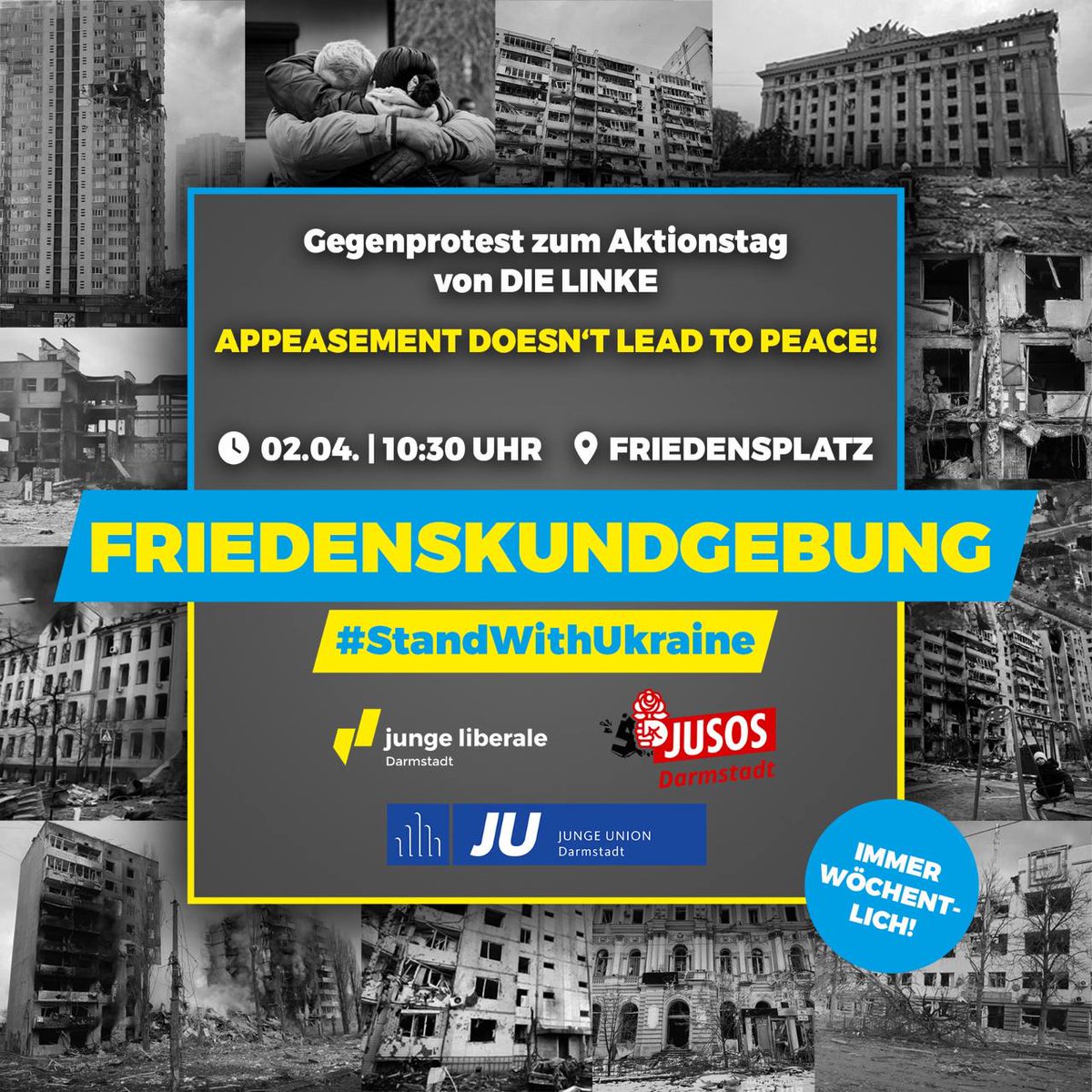 Neben der Friedenskundgebung findet morgen ein Protest gegen den Aktionstag von "DIE LINKE" Darmstadt statt zusammen mit <a href="/jusosdarmstadt/">Jusos Darmstadt</a> und <a href="/JU_Darmstadt/">JU_Darmstadt</a> .

#Darmstadt #StandWithUkraine