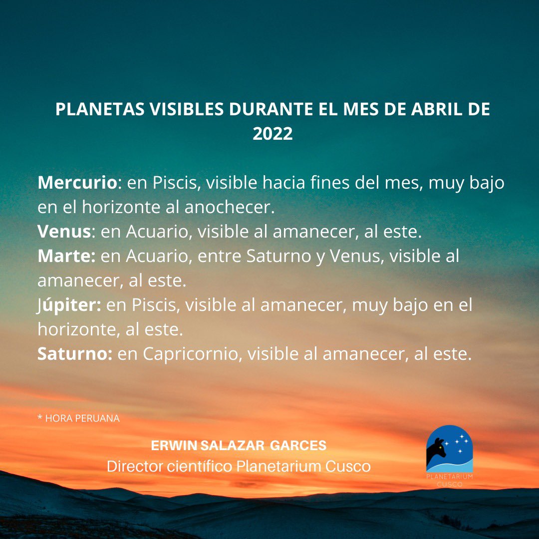 planetariumcs's tweet photo. Con Uds. el calendario astronómico de abril, para fanáticos de las estrellas, astrofotógrafos y soñadores. ¡ Noches despejadas para todos!
#astronomia #cusco #planetariumcusco https://t.co/BowuvwTjVN
