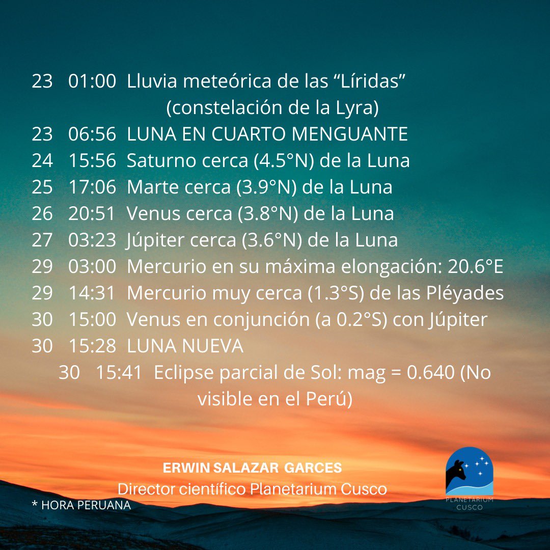planetariumcs's tweet photo. Con Uds. el calendario astronómico de abril, para fanáticos de las estrellas, astrofotógrafos y soñadores. ¡ Noches despejadas para todos!
#astronomia #cusco #planetariumcusco https://t.co/BowuvwTjVN