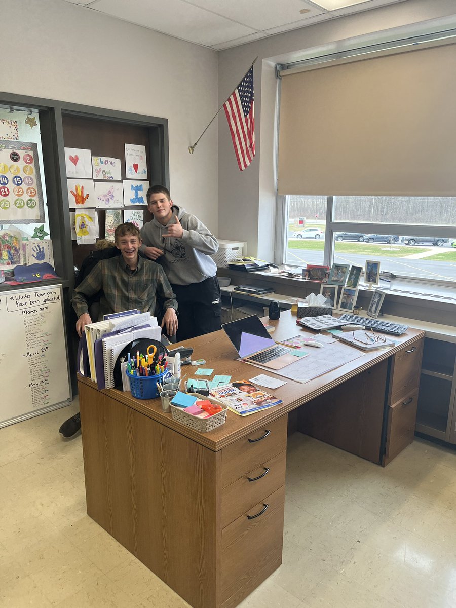Walked into my classroom to find my desk had been turned around. April Fools day from Caleb and Hudsyn. #WeAreMG
