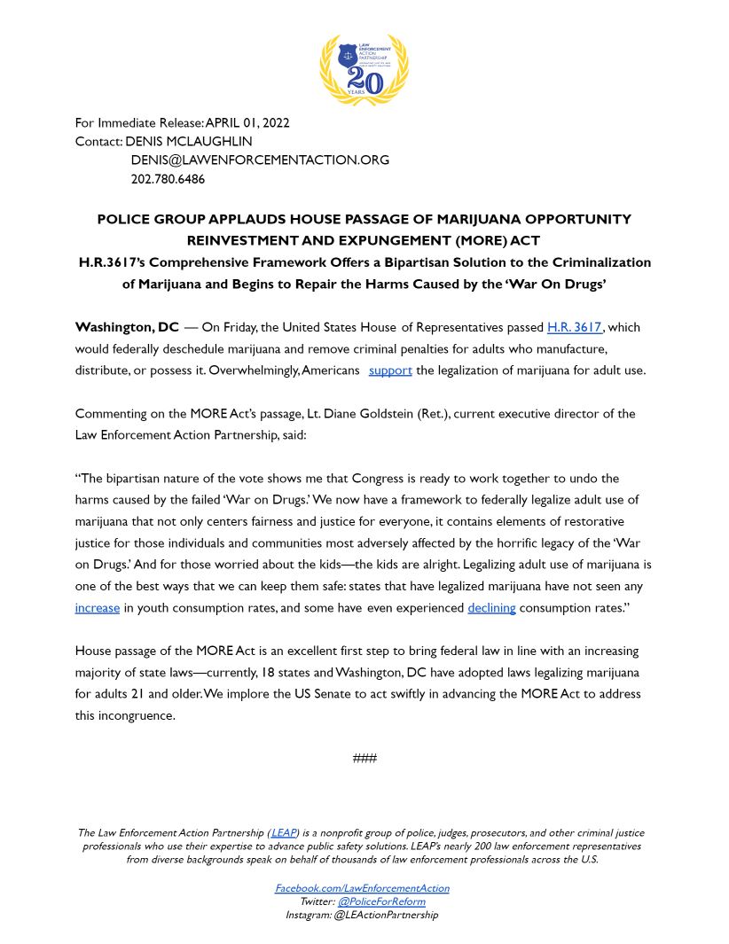 'The bipartisan nature of the vote shows me that Congress is ready to work together to undo the harms caused by the failed '#WarOnDrugs.'' -@dianemgoldstein 
@MarijuanaPolicy @DrugPolicyOrg 
Read our full statement on House passage of the #MOREAct 
bit.ly/3K23LQm