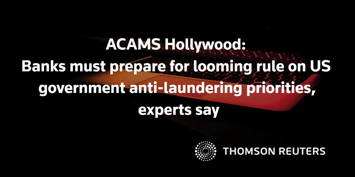 What impact will the government's pending rule-making on anti-money laundering procedures have on financial firms? At the @ACAMS_AML Hollywood conference, a panel of financial compliance experts discussed this <a href="/thomsonreuters/">Thomson Reuters</a> <a href="/AMLWolf/">Brett Wolf</a> <a href="/AttyGinaJurva/">Gina Jurva</a> tmsnrt.rs/3ID1KbN