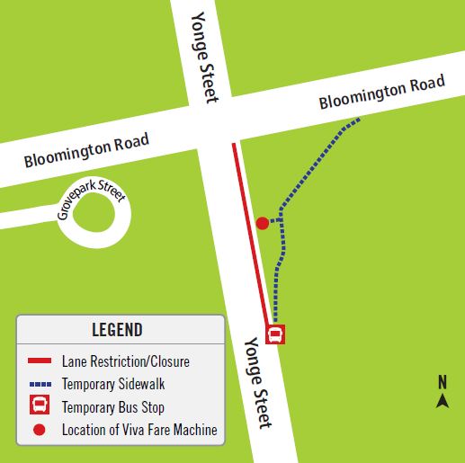 YorkRegionGovt's tweet photo. Work on the sewer along Yonge St in @myrichmondhill continues &amp; the northbound Viva station at Yonge St &amp; Bloomington Rd has been shifted south. Follow the directional signs &amp;temporary sidewalk to access the fare vending machine &amp; the new bus stop. #onYRRoads https://t.co/55EK8hyEvD