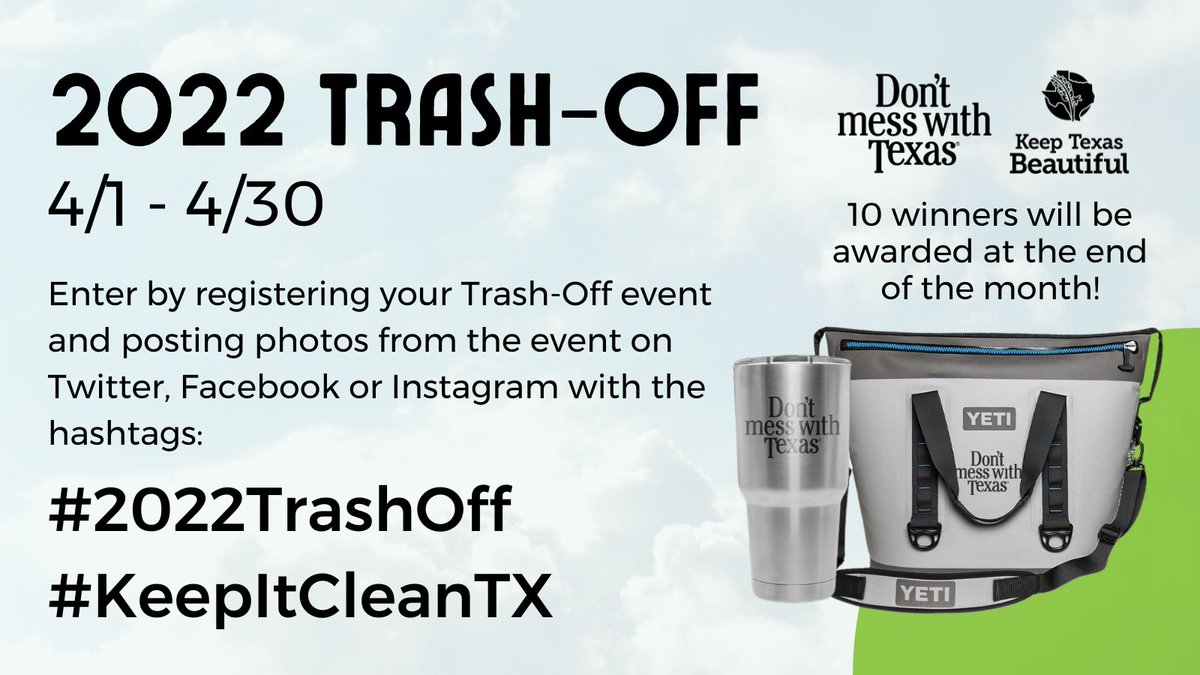 KeepTxBeautiful's tweet photo. Today is the first day of the 2022 Don't mess with Texas Trash-Off! You can win prizes when you register your cleanup and post pictures using #2022TrashOff & #KeepItCleanTX
For details, go to https://t.co/wJboNAfamB.
To register, go to https://t.co/pFam0SZr1s
@DMWT_Program https://t.co/ucpHOLdqpJ