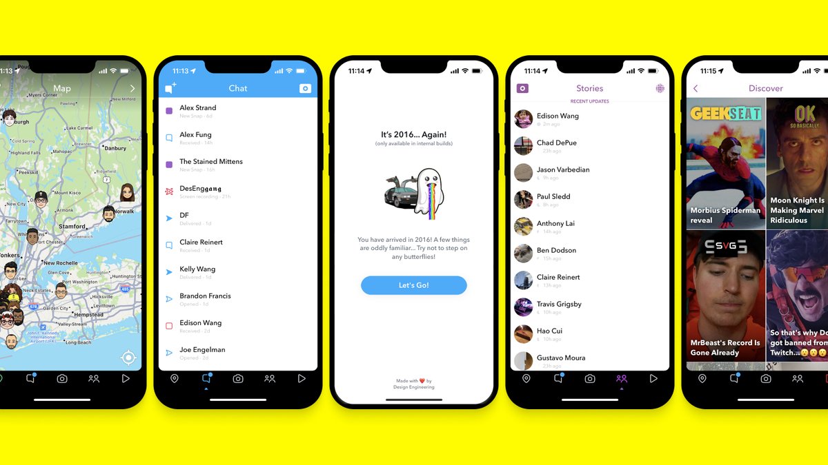danielamitay's tweet photo. For April Fools this year, I built a version of the internal Snapchat app that let employees change the main screens to look like they used to in 2016 🤪 https://t.co/meRbEX9FAh
