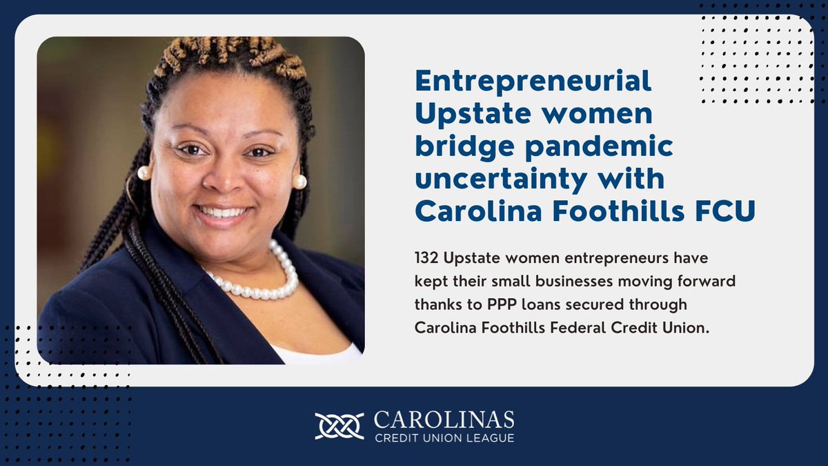 TheCCUL's tweet image. #CreditUnions care ❤️

Latron McDaniel and partners Maleisha and Stephanie at Hair Therapy Studio are among the 132 Upstate women #entrepreneurs who’ve kept their #smallbusinesses moving forward thanks to #PPPloans secured through @CarolinaFoothillsFCU. 

bit.ly/3DtB8Jq