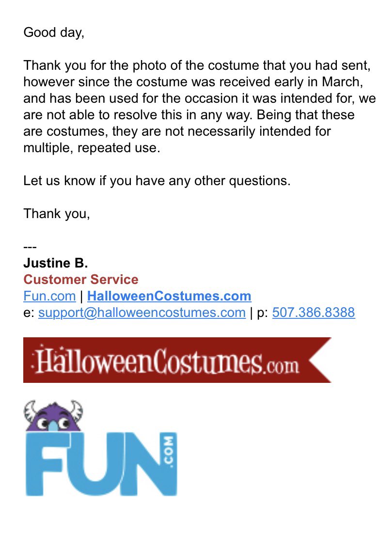 Apparently costumes from <a href="/funcostumes/">Halloween Costumes</a> are one use only! Shocker #halloweencostumes #poorcustomerservice