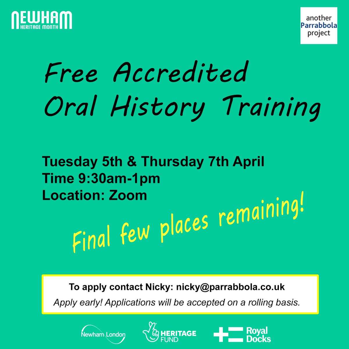 parrabbola's tweet photo. A few places remaining on our Free Oral History Training next week, Tuesday 5th &amp; Thursday 7th April 9:30am-1pm on Zoom. 
More information and apply https://t.co/vknzMtBVi1
#NewhamHeritageMonth #OralHistory @NewhamHeritage @HeritageFundL_S https://t.co/GHrB0CvQdt