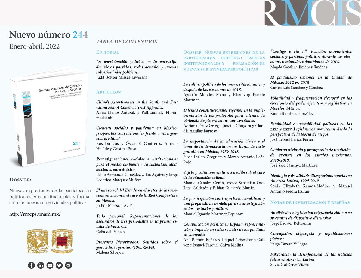 BokserJudit's tweet photo. Queridos colegas y amig@s, el reciente núm. 244 de la @RMCPyS presenta el dossier: nuevas expresiones de la participación política: esferas institucionales y formación de nuevas subjetividades políticas. 
 
1/2 https://t.co/gLGoLULYbO