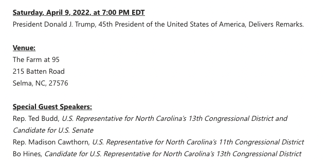 sambrodey's tweet image. Donald Trump just announced that Madison Cawthorn will be one of the speakers at his April 9 rally in Selma, NC