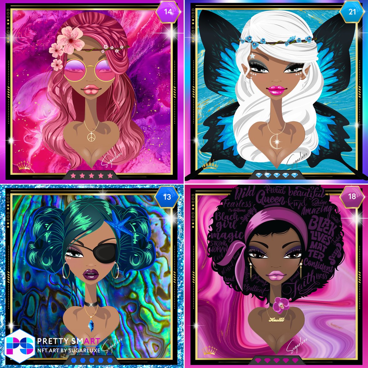 Sugarluxe's tweet photo. Hi, my real name is Chandra - which means moon 🌙
I started as a full-time artist in 2005. And these lovely ladies are part of my first NFT collection - https://t.co/ke4C8Xkcv8 🦋 
I love sushi 🍣 and sweet people 💗
#nftartist #WomenInNFTs  #nftcommunity 
Nice to meet you 🌈 https://t.co/iFzgqHrjxQ