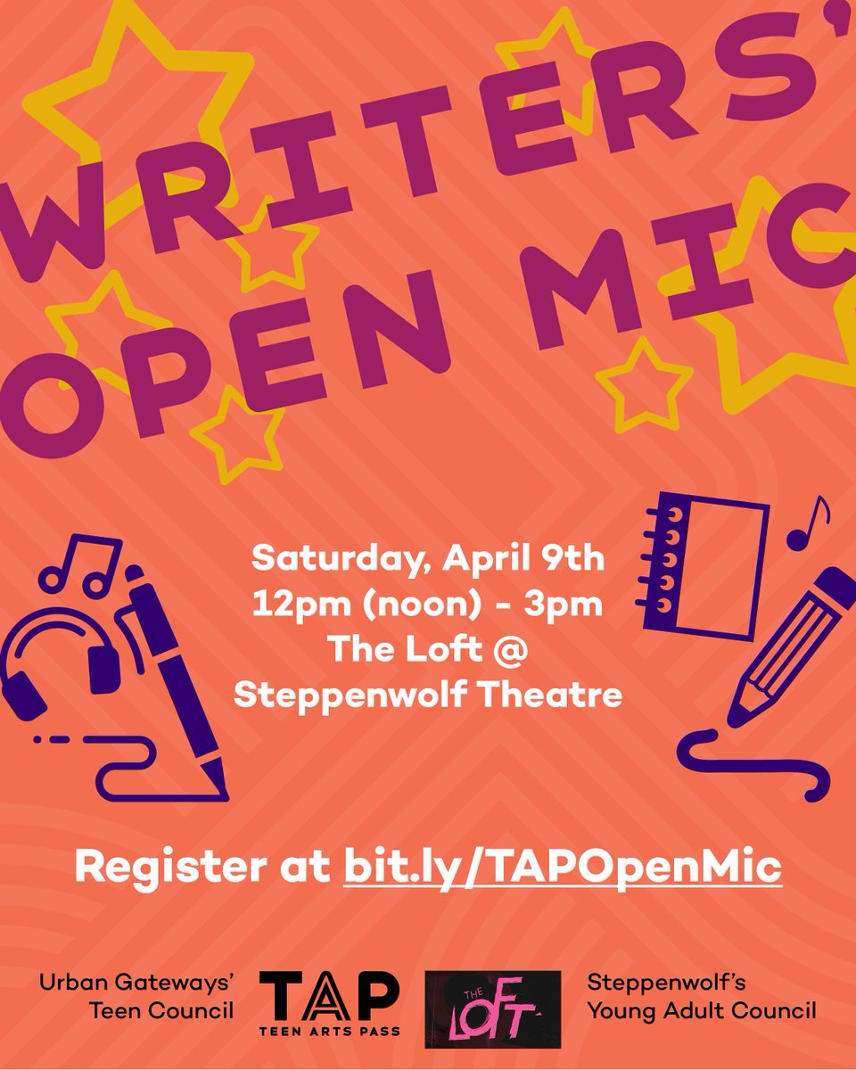 Calling all Chicago teens! Join the Urban Gateways Teen Council, <a href="/SteppenwolfThtr/">Steppenwolf Theatre</a> and their Young Adult Council, and <a href="/teenartspass/">Teen Arts Pass</a> on April 9th for walkup writing stations, open mic, snacks, music - and stick around for "King James" at 3pm! bit.ly/TAPOpenMic