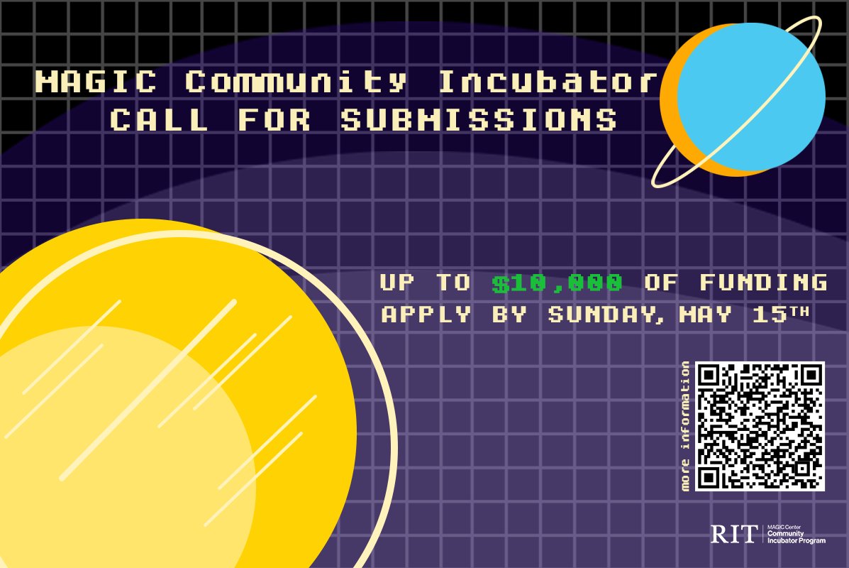 RITMAGIC's tweet image. The call for submissions for our Community Incubator program is open! This program is led by our Digital Game Hub Coordinator @bclikesyou and is open to indie game developers in #ROC. Deadline to apply is Sunday, May 15th! rit.edu/magic/programs #indiegames #indiegamedeveloper