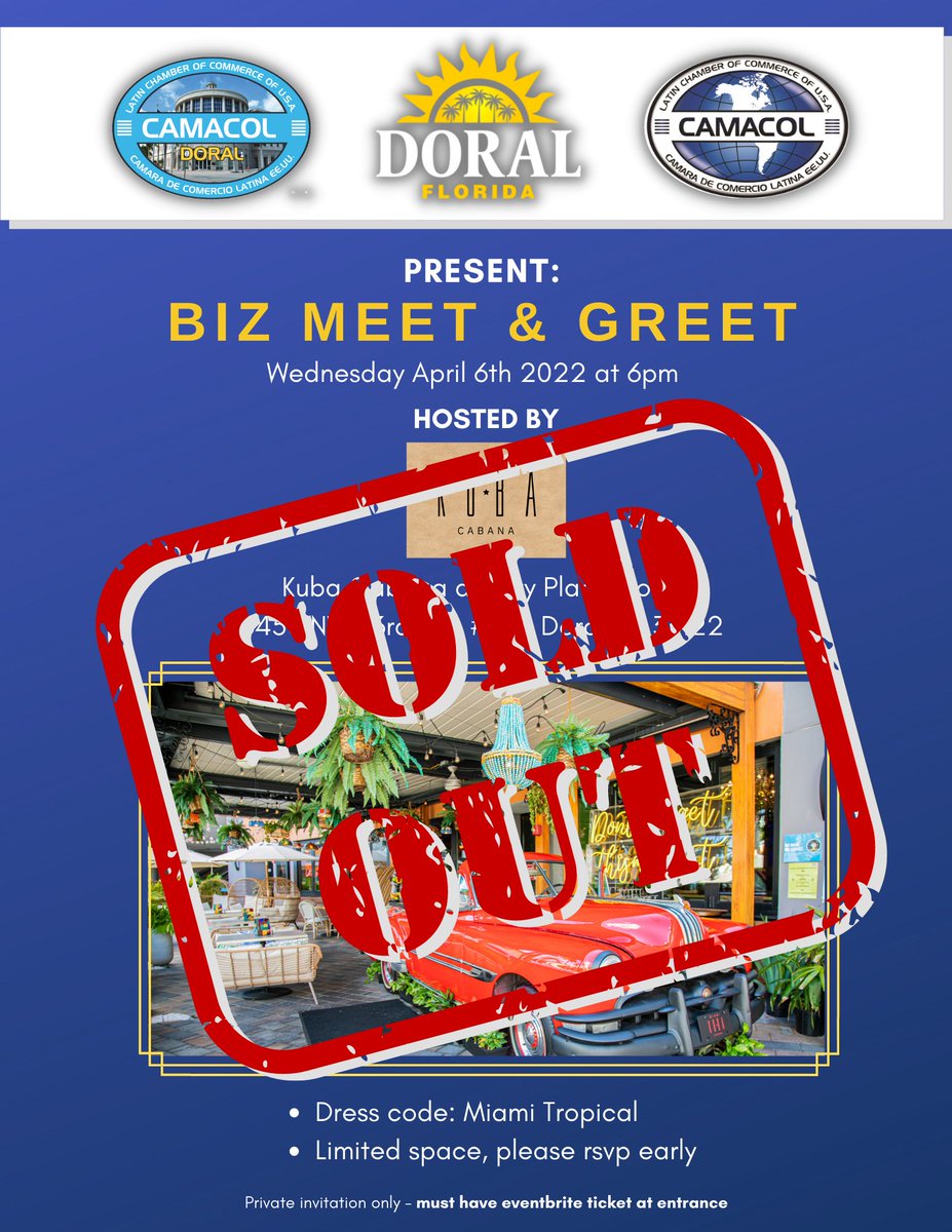 <a href="/CamacolDoral/">CAMACOL Doral</a> and <a href="/Cityofdoral/">City of Doral</a>'s #event Biz Meet and Greet at Kuba Cabana has been completely sold out!! We are looking forward to seeing you in our event!

#meetandgreet #smallbusiness #cityofdoral #doralcitycenter #networkingbiz #networkingevent
