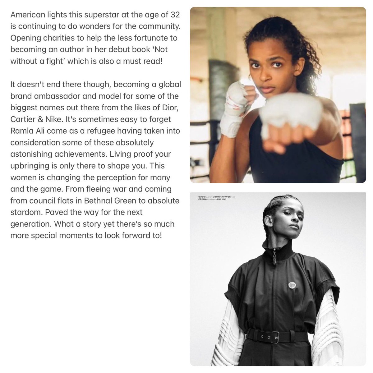 Ramla Ali. Somali excellence. From fleeing the war in Somalia as a refugee to becoming a professional boxer and author. A true ambassador for the next generation of not only females but many coming from similar backgrounds. <a href="/ramlaali/">Ramla Ali</a>