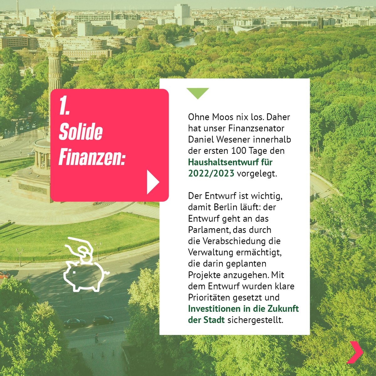 gruene_berlin's tweet image. Unsere drei grünen Senator*innen haben sich ein ambitioniertes #100TageProgramm überlegt. Die Bilanz nach 100 Tagen zeigt: sie haben geliefert! Wir schauen uns heute an, welche Ziele alle erreicht wurden 💪💚
Hier: @senfin  und unser Senator @dpwes.
(1/2)