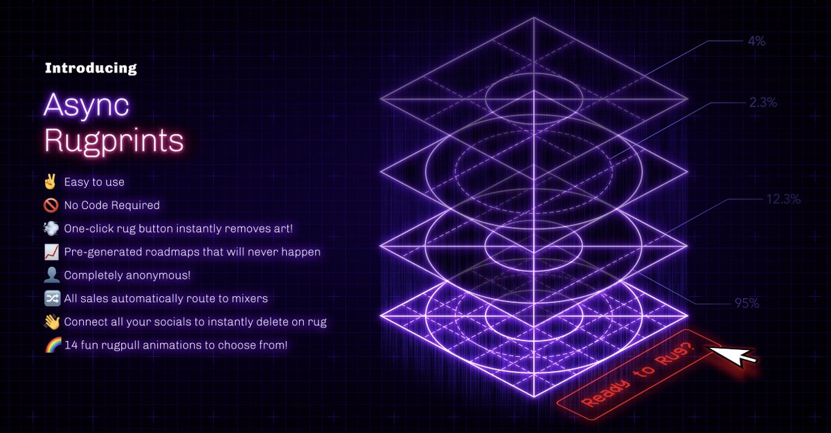 AsyncArt's tweet photo. The Async Art team is thrilled to share...

...our latest addition to the Async platform...

💥💥💥 #AsyncRugprints 💥💥💥

No ROADMAP? No UTILITY? No ART? 

This is for you 🔥

Plus...choose from 14 unique rugpull animations for your project! 

Apply now: https://t.co/VX9JybVHiU https://t.co/vRmxtvGzt2
