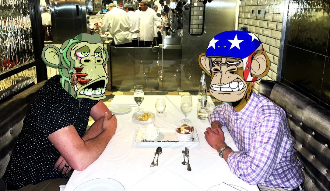 oldschool711's tweet photo. Just an ape and mutant having a nice dinner discussing where does $ape go from here? @BoredApeYC @Elsinore911 @oldschool711 https://t.co/hUvCXUx4yL