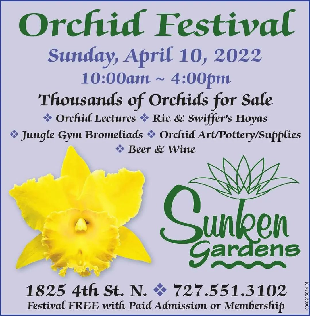 Orchids galore! 
Please NOTE: 
1. Parking is limited. Offsite parking is available along Crescent Lake Park off of 22nd Ave N. 
2. NO Membership Activations the day of the festival. 

Facebook event page: fb.me/e/4tb6uYBHR

#stpetersburg #orchidfestival #plantsale