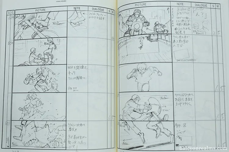 In this memorable shot in Akira, Kaneda springboards off the front fender of a bike and kicks an unfortunate Clown in the face, beautiful boarded by Otomo himself. See this and more in my review for the new edition of the storyboard book ( vol 1 ) - https://t.co/fQfcx352mh 