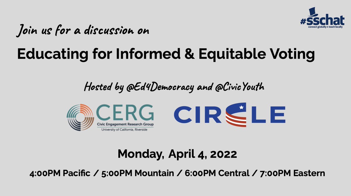 Before you shut things down for the weekend, don't forget to mark your calendar for Monday's #sschat where hosts <a href="/Ed4Democracy/">#Ed4Democracy</a> and <a href="/CivicYouth/">CIRCLE</a> will lead a discussion on Educating for Informed and Equitable Voting. Tell your friends &amp; colleagues!