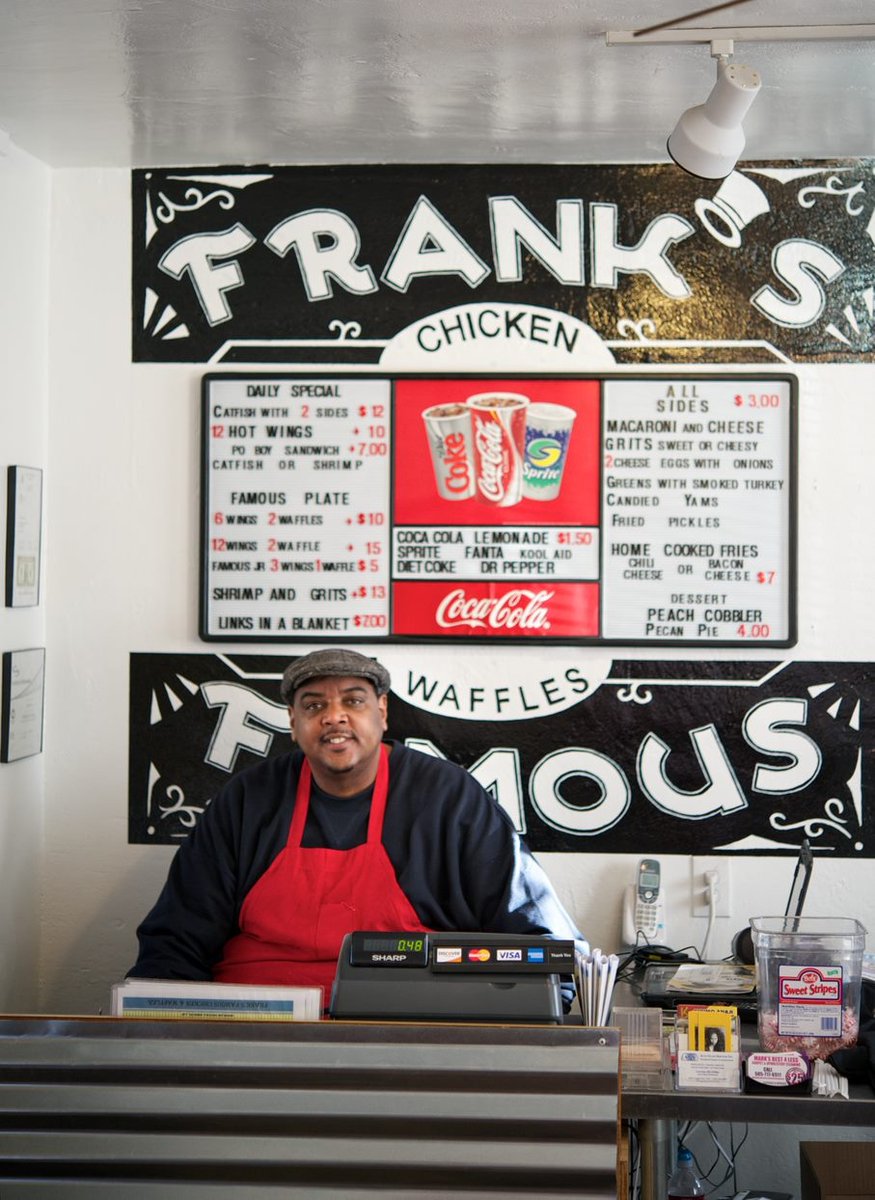 NMMagazine's tweet photo. You came to Frank's Famous Chicken and Waffles for the great soul food, but stick around for the old-school tunes from Chaka Khan and Marvin Gaye, vintage-style concert posters and shrine to Prince. https://t.co/nWUHPAnY3t https://t.co/NXbGq0H3S4