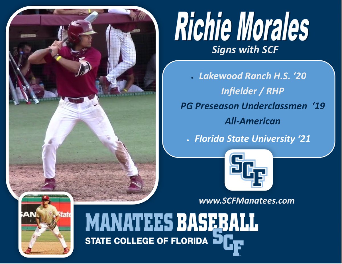 SCFBaseball's tweet photo. The MANATEES continue reloading for 2023 season signing local D1 transfer Richie Morales. Great two way sign for the MANATEES!!! @richiemorales05 #SCFReload @SCFManatees https://t.co/DYachWVpgS