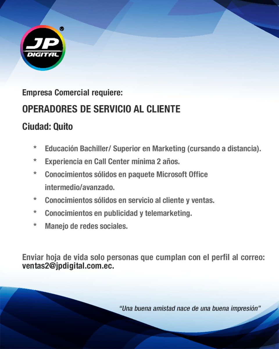 JPDIGITAL2's tweet photo. ¡Oye! Disponemos de una vacante para ti. ¿Crees que te describe? Envía tu hoja del vida al correo en la imagen.
#camello https://t.co/JaQn6LTHqI