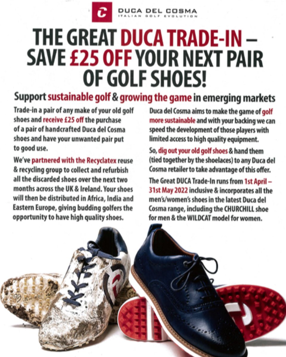 BDGC_ProShop's tweet photo. Check out the amazing trade in deal on all Duca Del Cosma shoes available now at Beau Desert Pro Shop. Get £25 off of a new pairs of Duca's when you trade in your unwanted pair of used golf shoes. Offer runs until 31st of May. 
#DUCADELCOSMA #BDGC https://t.co/TY3eYneknk