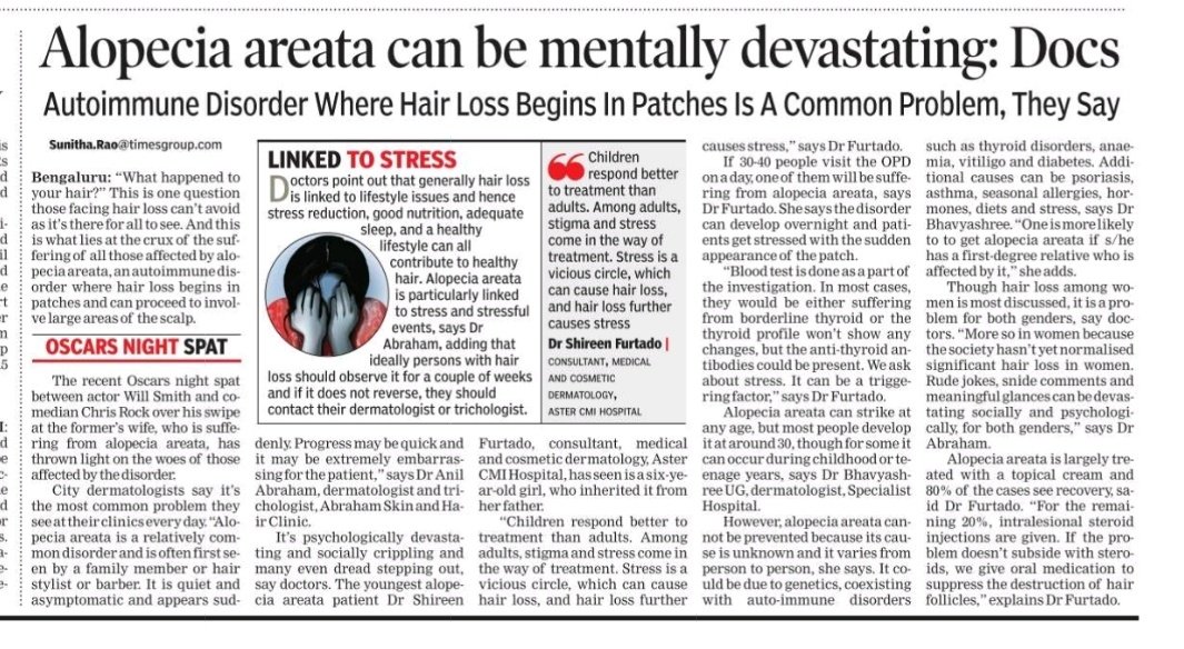 sunitha_rao's tweet photo. "What happened to your hair?" This is one question those facing #hairloss can't avoid as it's there for all to see. #AlopeciaAreata can be psychologically devastating.
#preventstigma.
#oscarsslap #Alopecia #stopthestigma #WillSmithAssault
#MedTwitter
https://t.co/My9gtYgb0Q https://t.co/cRW346n3yK