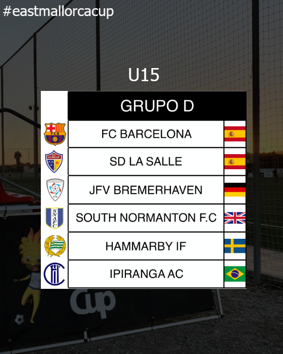 Grupos #eastmallorcacup 2022

Categoría U15 Grupo D (Porto Cristo/Sa Torre, Manacor):
<a href="/FCBarcelona/">FC Barcelona</a>  <a href="/FCBmasia/">FC Barcelona - Masia</a>  
<a href="/sdlasalle/">S.D. La Salle</a> 
<a href="/jfvbhv/">JFV Bremerhaven</a> 
<a href="/officialshiners/">South Normanton Athletic FC</a> 
@Hammarbyfotboll 
<a href="/inter_ipiranga/">Inter Ipiranga</a> 

1️⃣2️⃣days to go!⚡⚡

más info:
eastmallorcacup.com

#mallorca #fútbolbase #youthfootball