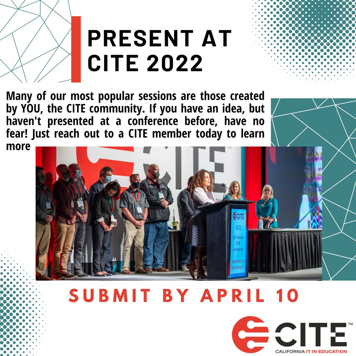 Time is running out! The call for sessions for #CITE2022 will CLOSE April 10! Do you want to present? Are you tempted to, but not sure where to start? Visit tinyurl.com/CITE2022sessio… today to learn more about how you can take the stage this year!