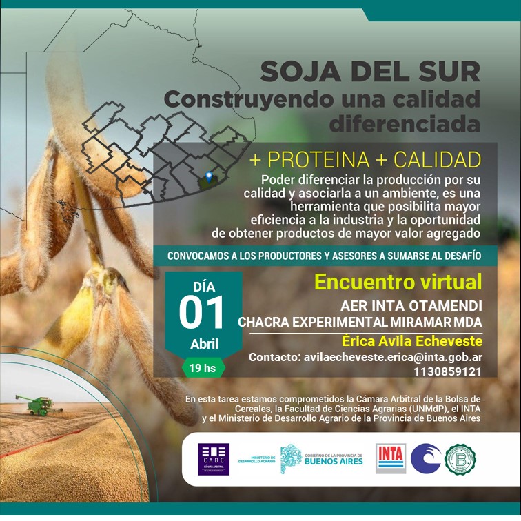 #CalidadSojasdelSur🌱
Te invitamos al Lanzamiento del Proyecto Calidad de Sojas del Sur

🗓️ HOY viernes 1 de abril
 Reunión virtual en simultáneo Agencias de Extensión del INTA
🕛 inicio: 19 a 20hs

🖥️ Por zoom
ID reunión: 870 6654 8470
Contraseña: 835511