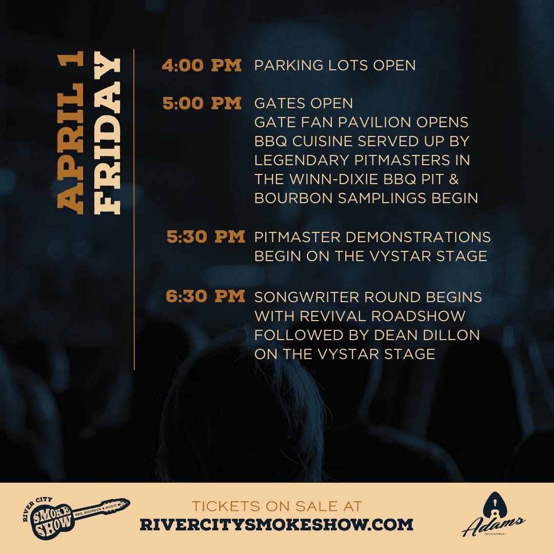 rcsmokeshow's tweet photo. Save this post for reference 📲 Hey #Jacksonville, will we see you this evening at #RCSS? Tag your concert buddy and join us for this FREE event featuring BBQ, Bourbon, and music from Dean Dillon and @REVIVAL615, plus @djrockd11 🙌 Parking opens at 4PM, followed by gates at 5PM. https://t.co/WxtFYpCsNK