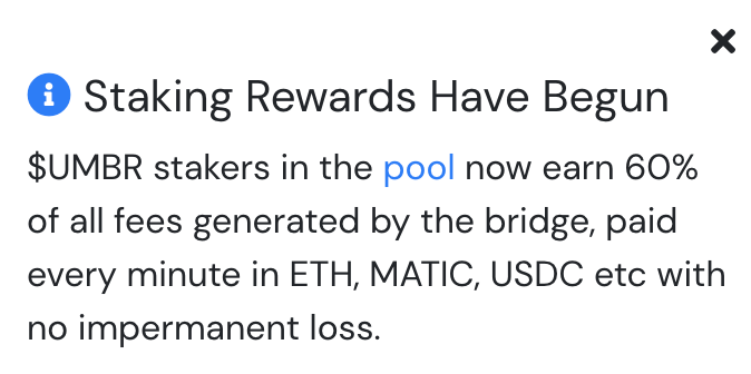 FCG_Studio's tweet photo. ((( @NetworkUmbria $UMBR Staking is LIVE )))
...
If you stake $UMBR the pool get 60% of all fees generated by the bridge!
___
Support #umbrianetwork and stake away!
____
#UMBR #Umbrcoin #umbria #polygonbridge https://t.co/Uj7EtqMwNL