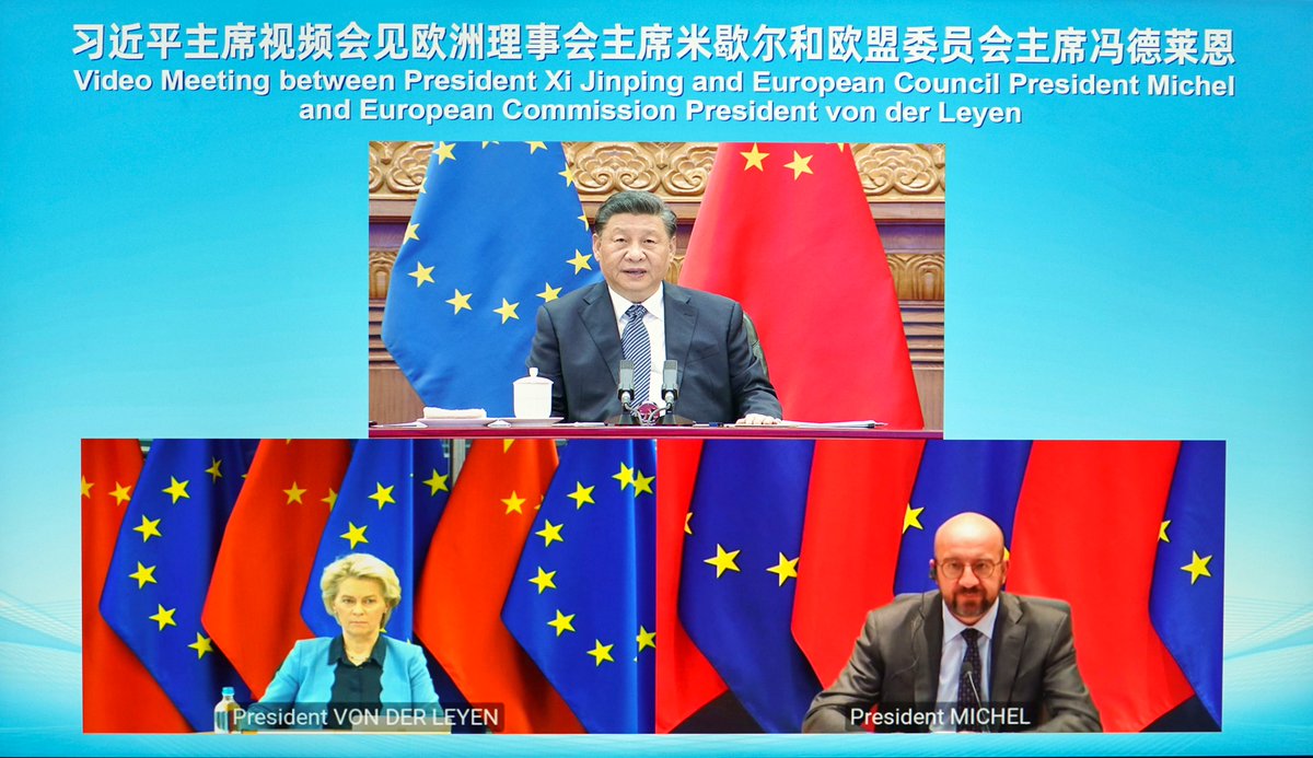SpokespersonCHN's tweet photo. On the evening of 1 April, President Xi Jinping met via video link with President Charles Michel of the European Council and President Ursula von der Leyen of the European Commission in #Beijing. 
🔗https://t.co/ivCXxDo6u4 https://t.co/WeyklitEBS