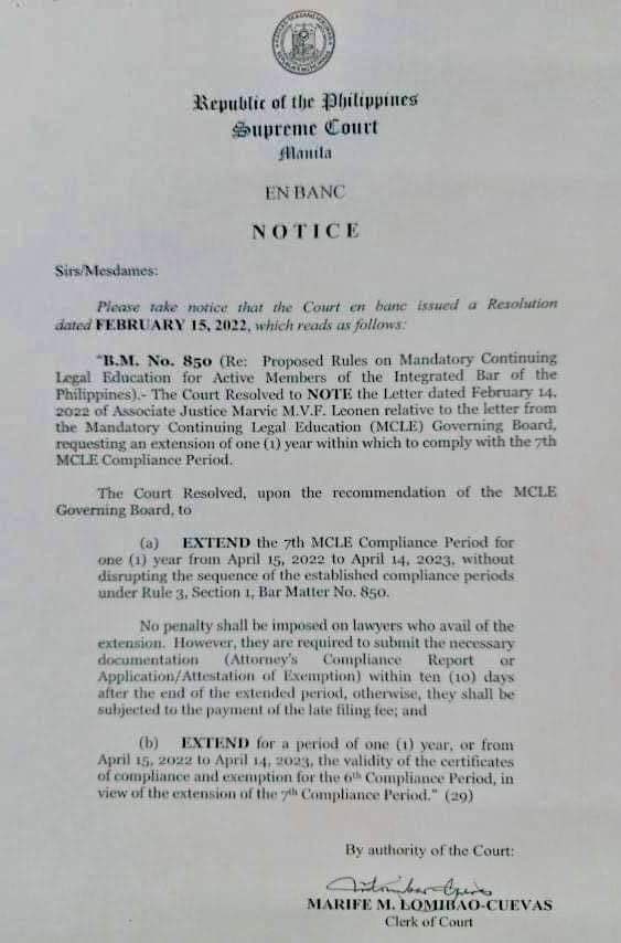 SCPh_PIO's tweet photo. The 7th MCLE Compliance Period is extended for one (1) year from April 15, 2022 to April 14, 2023. READ the Court’s Resolution: https://t.co/lXn4QA7gBq