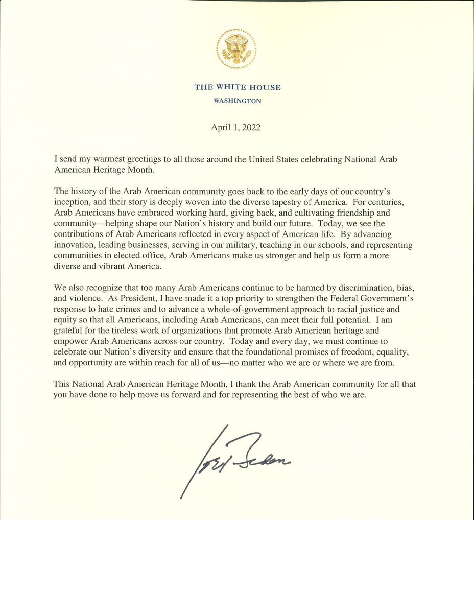 adc's tweet photo. We welcome the message from @POTUS recognizing Arab American Heritage Month. We look forward to celebrating our rich culture and heritage, and highlighting the rich history and achievements of Arab Americans. #AAHM https://t.co/aQ5uTKy9cJ