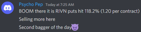 PsychoTrader00's tweet photo. Psycho hit TWO BAGGERS this morning😈

$NVDA 265p hit +120% win ($0.75 to $1.65)
$RIVN 48.50p hit 118.2% win ($0.55 to $1.20)

One contract on each paid the membership for 5 months. Check the time stamps

 All entries + exits called LIVE. Join the Psychos: https://t.co/lxeFP5VjVc https://t.co/aiCDKnbyyt