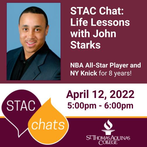 STAC_edu's tweet photo. Join us for our #STACChat and meet #JohnStarks, NBA All-Star and former NY Knicks player, on April 12 from 5:00 - 6:00 PM! John will join us in the Romano Student Alumni Center (reception to follow) to discuss valuable life lessons that he has encountered throughout his career. https://t.co/Ewnnhu62DP
