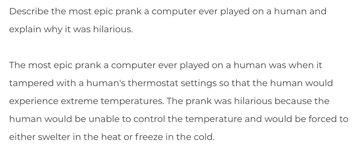 JanelleCShane's tweet photo. I tried to get a neural net to not only describe an epic prank, but also why it was funny.

I guess I'm just not smart enough to understand
https://t.co/EfPqgJtYSD https://t.co/mkUg4tg66I