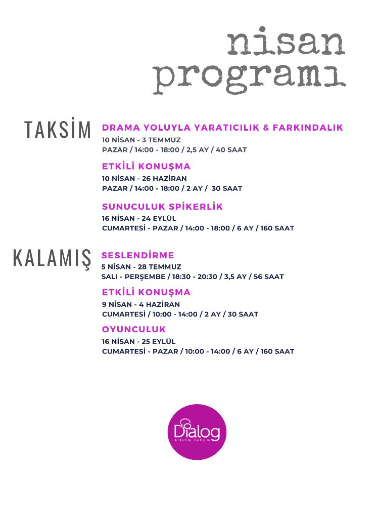 Dialog_iletisim's tweet photo. Nisan ayında yeni sınıflarımızda eğitimlerimiz başlıyor!  Bilgi ve kayıt işlemleri için bize ulaşabilirsiniz. Taksim: 02122494600 / Kalamış: 02164051115 https://t.co/HH36cJo90t