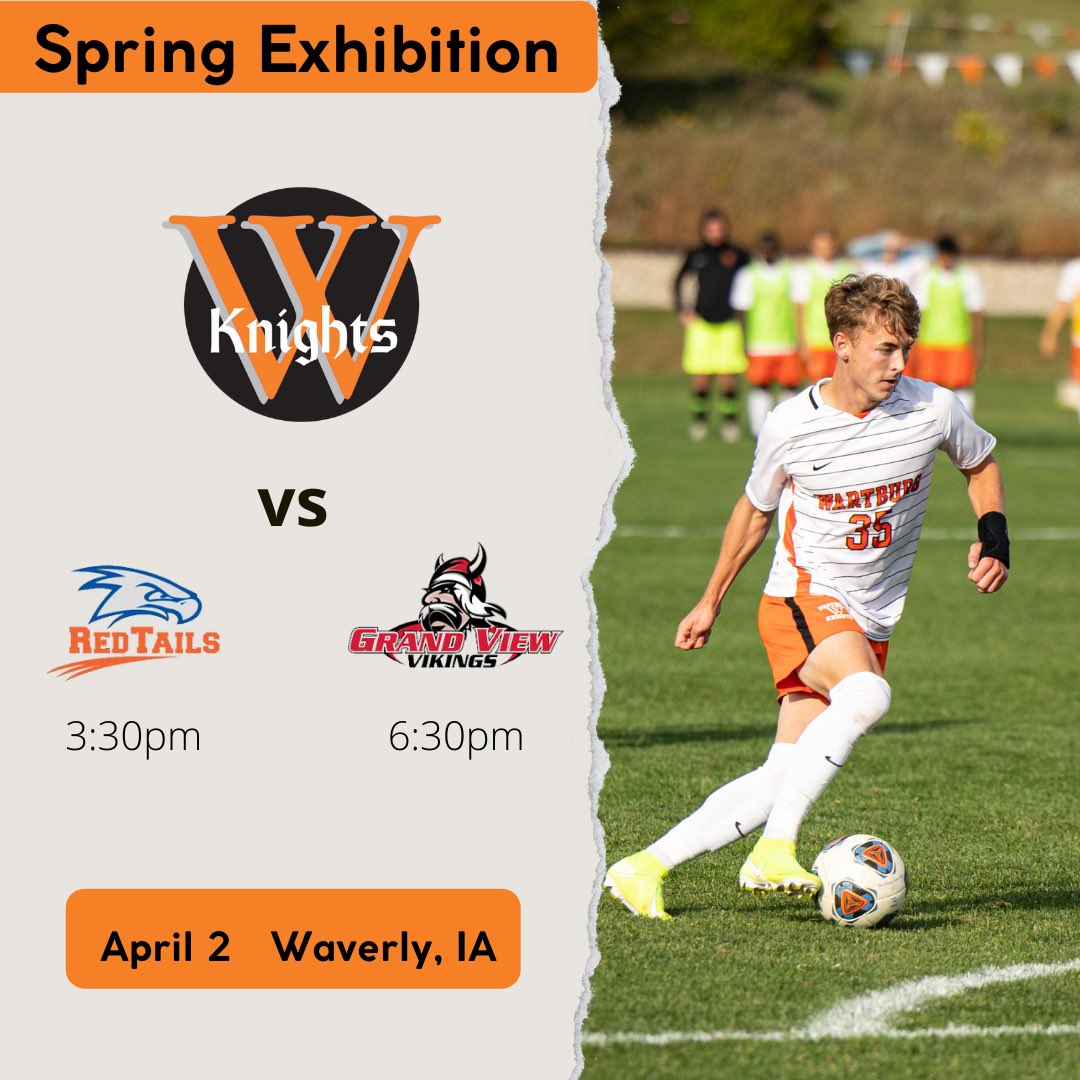 WartburgMSoccer's tweet photo. Join us tomorrow, April 2, for our 2022 Spring Exhibition. The Knights will kickoff against Hawkeye Community College at 3:30pm and against Grandview University at 6:30pm. @WartburgKnights @WartburgCollege @GVUmenssoccer @HawkeyeRedTails https://t.co/bjRz0oz4U2