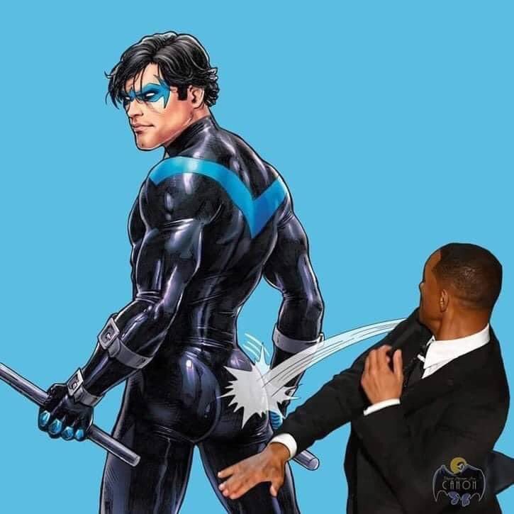 DailyNightwing's tweet photo. Okay……these have gotten out of hand…..even though he does have the perfectly rounded ass that makes men and women swoon #willsmithslap #Nightwing #DatBooty #AprilFoolsDay https://t.co/jp9QIHYqg3