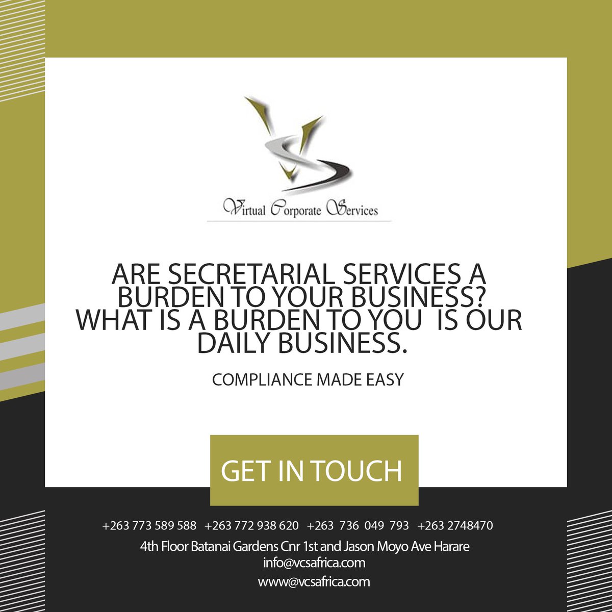 Zimvirtual's tweet photo. What is a burden to you is our daily business. Get in touch for all your Secretarial Services #secretarialservices #services #compliance #companyregistration https://t.co/jLzQdhBsjr