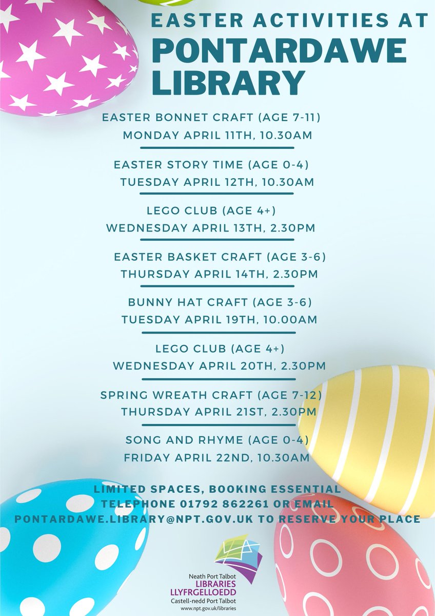 NPTLibraries's tweet photo. Easter activities at Pontardawe Library 🐰
Telephone 01792 862261 or email pontardawe.library@npt.gov.uk to reserve your place.

Gweithgareddau Pasg Yn Llyfrgell Pontardawe 🐰
Ffoniwch 01792 862261 Neu E-Bostio pontardawe.library@npt.gov.uk I archebu lle. https://t.co/gNZwIPCBBc