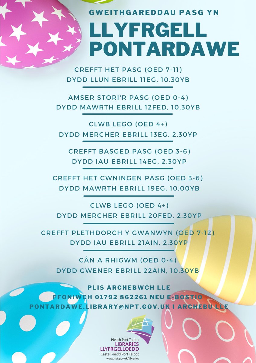 NPTLibraries's tweet photo. Easter activities at Pontardawe Library 🐰
Telephone 01792 862261 or email pontardawe.library@npt.gov.uk to reserve your place.

Gweithgareddau Pasg Yn Llyfrgell Pontardawe 🐰
Ffoniwch 01792 862261 Neu E-Bostio pontardawe.library@npt.gov.uk I archebu lle. https://t.co/gNZwIPCBBc