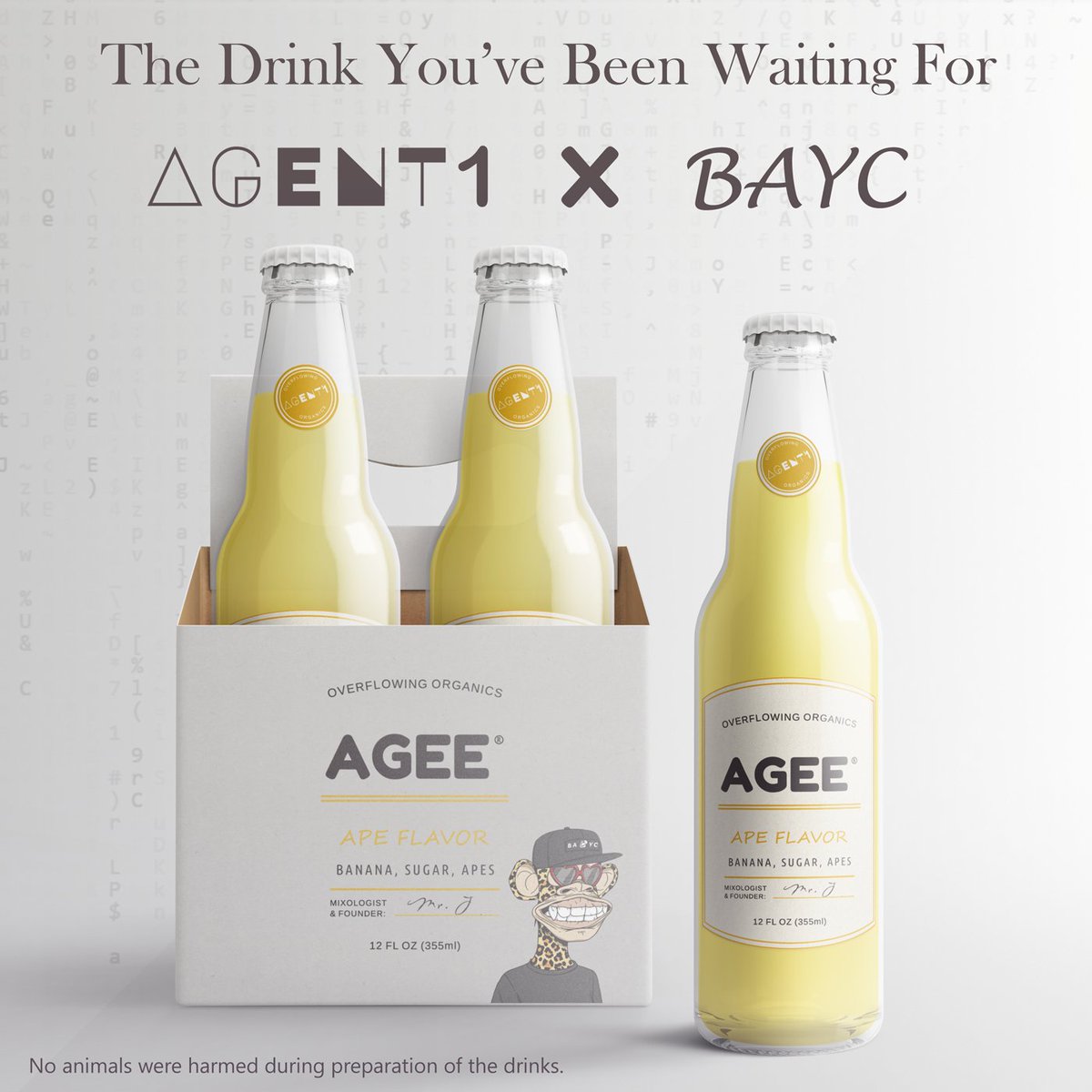 Agent1XYZ's tweet photo. The collaboration you've been waiting for...
When @Agent1XYZ meets @BoredApeYC for a drink.

Organic process monitored and approved by animal shelters at @RealAnimals_RA 

24 hrs only on Discord!!

We know it's a hacktic day. You should have a drink.

#AgentsUnite #NFTCommunity https://t.co/J4BgaBn1wt