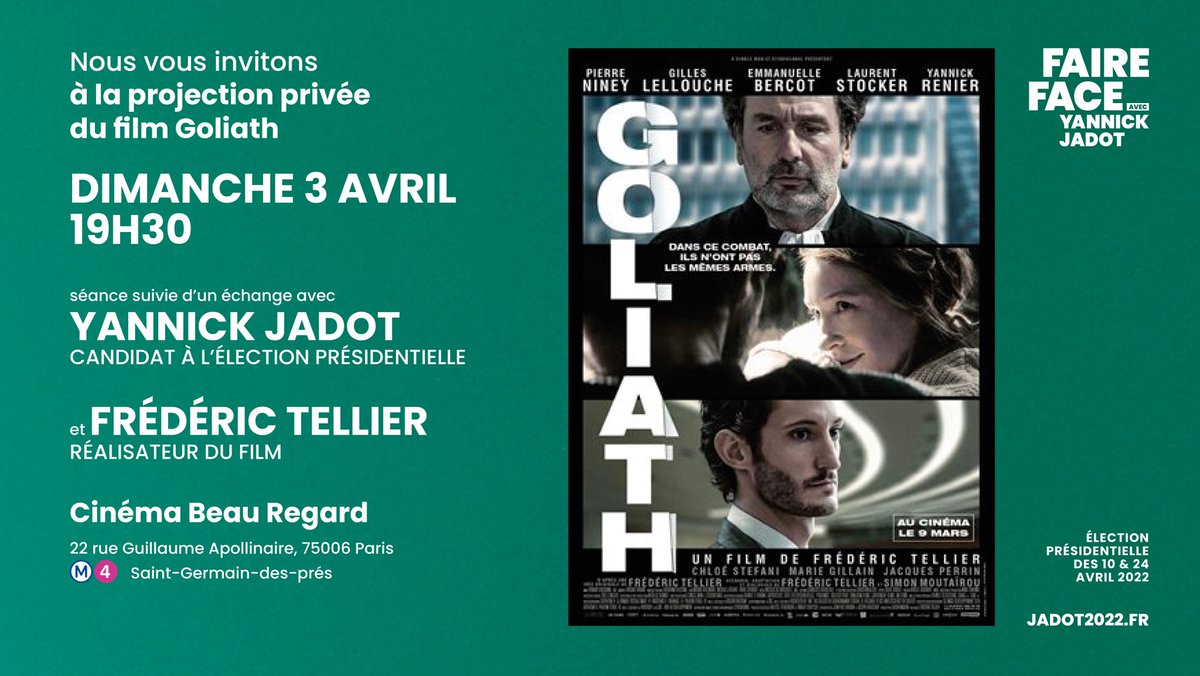 yjadot's tweet photo. 📢 JE VOUS INVITE À LA PROJECTION PRIVÉE DU FILM #GOLIATH 

DIMANCHE 3 AVRIL À 19H30, au cinéma Beau Regard (Paris 6e) en présence du réalisateur Frédéric Tellier 
et d'une partie de l'équipe du film ! 

Comment venir ? 50 personnes seront sélectionnées dans les commentaires ⤵️ https://t.co/dqrT0092To